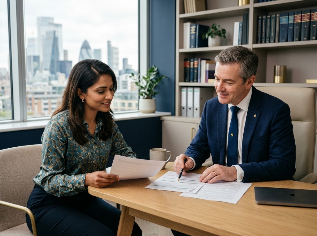 JSR Law consultation — advisers reviewing documents together in a modern office